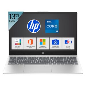 HP 15,13th Gen Intel Core i7-1355U Laptop,(16GB DDR4, 512GB SSD) Antiglare, 15.6’’/39.6cm, FHD, Win11, M365 Basic(1yr), Office Home 24, Silver, 1.59kg, Iris Xe, FHD Camera w/Shutter, Backlit, fd0468tu
