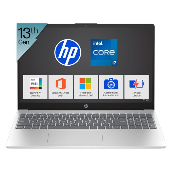 HP 15,13th Gen Intel Core i7-1355U Laptop,(16GB DDR4, 512GB SSD) Antiglare, 15.6’’/39.6cm, FHD, Win11, M365 Basic(1yr), Office Home 24, Silver, 1.59kg, Iris Xe, FHD Camera w/Shutter, Backlit, fd0468tu